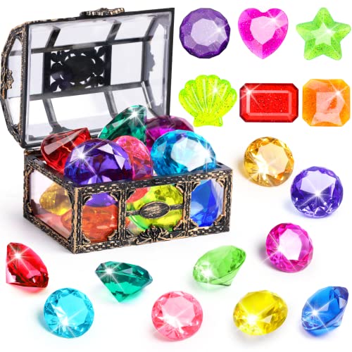 DISHIO Diving Gem Pool Toys 16PCS Large Swimming Pool Toy Set with Pirate Treasure Box Chest for Kids Toddlers Underwater Sinking Dive Gems Colorful Diamond Diving Toys for Swimming Training - Image 1