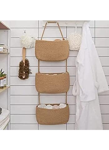 Catract Catract Cotton Over The Door Hanging Basket 3Tier Wall Mount Hanging Organizer Magazine Racks Decorative Hanging Storage Basket for Living Room Bathroom Kitchen and Bedroom Design 1  - Image 1