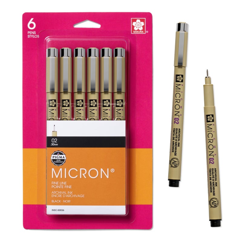 SAKURA Pigma Micron Fineliner Pens, 02 Tip Size, Archival Black Ink, 6PK 50036 - Image 1