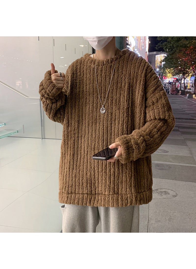 Generic Autumn Winter New Mens Thickened Fleece Sweatshirt Round Neck Pullover American Style Vintage Solid Color Couple Jacket Brown  - Image 1