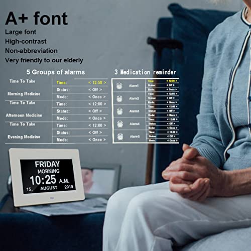 AINFTIME DST Clock with Day and Date for Elderly-3 Display Digital Calendar Alarm Day Dementia Alzheimers Clock with Extra Large Display (7in White) - Image 3