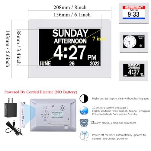 AINFTIME DST Clock with Day and Date for Elderly-3 Display Digital Calendar Alarm Day Dementia Alzheimers Clock with Extra Large Display (7in White) - Image 2