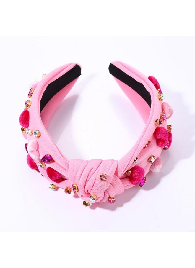 Boderier Valentines Day Headband Red Pink Heart Headband Jeweled Crystal Knotted Headband Valentines Lover Party Hair Accessory (Pink Velvet Heart)  - Image 1