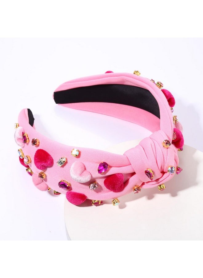 Boderier Valentines Day Headband Red Pink Heart Headband Jeweled Crystal Knotted Headband Valentines Lover Party Hair Accessory (Pink Velvet Heart)  - Image 2