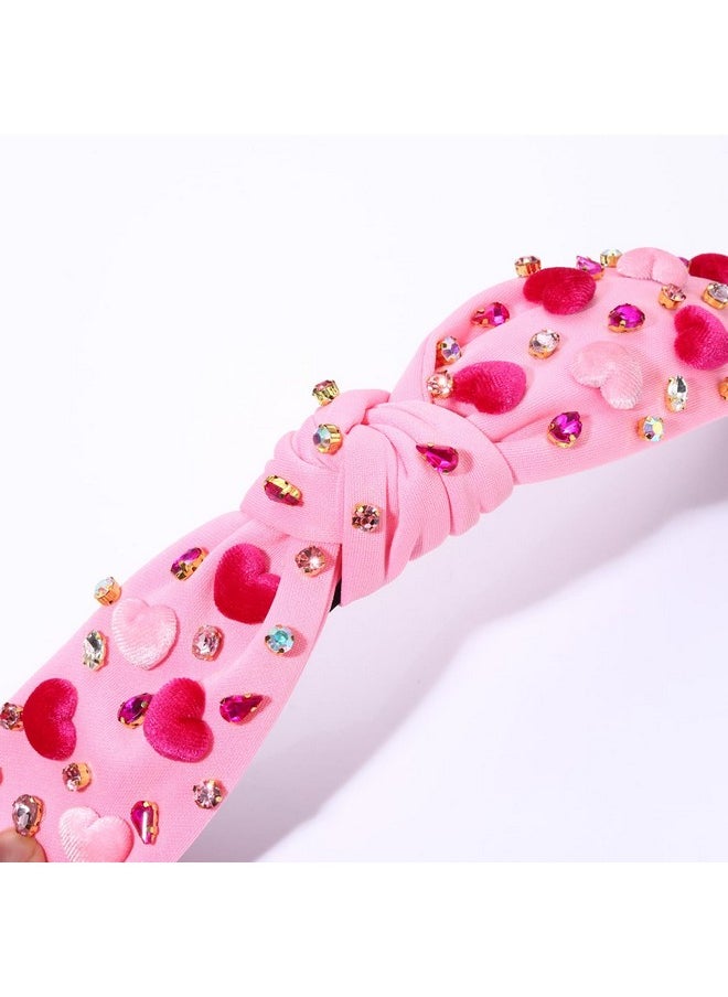 Boderier Valentines Day Headband Red Pink Heart Headband Jeweled Crystal Knotted Headband Valentines Lover Party Hair Accessory (Pink Velvet Heart)  - Image 4