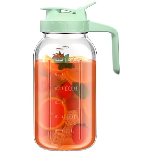 64 oz Glass Pitcher with Lid Large Wide Mouth Mason Jar with Pour Spout Green Sun Tea Glass Jar for Outside Drink Pitcher Great for Drink Cold Beverages and Breast Milk