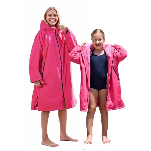 Owntop Swim Parka Men, Waterproof Surf Poncho, Warm Sherpa Lining, Oversized Hooded Changing Robe Swimming Coat for Beach Pool (Pink, XL) - Image 1