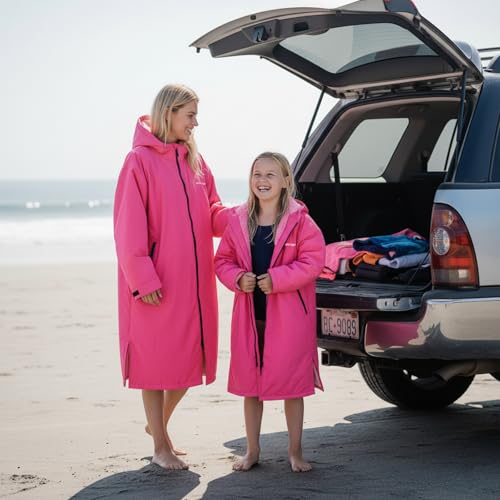 Owntop Swim Parka Men, Waterproof Surf Poncho, Warm Sherpa Lining, Oversized Hooded Changing Robe Swimming Coat for Beach Pool (Pink, XL) - Image 2