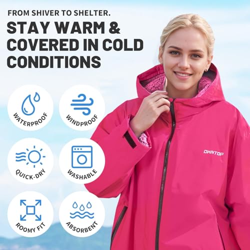 Owntop Swim Parka Men, Waterproof Surf Poncho, Warm Sherpa Lining, Oversized Hooded Changing Robe Swimming Coat for Beach Pool (Pink, XL) - Image 3