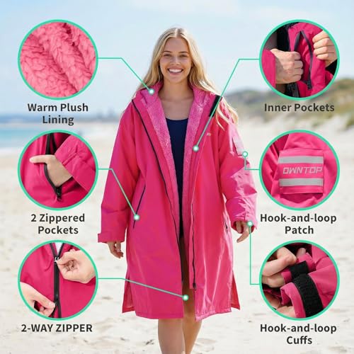 Owntop Swim Parka Men, Waterproof Surf Poncho, Warm Sherpa Lining, Oversized Hooded Changing Robe Swimming Coat for Beach Pool (Pink, XL) - Image 5