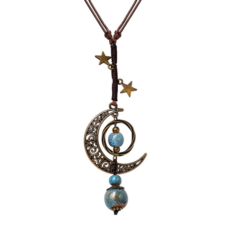 MINACHI Vintage Bohemian Hippie Blue Ceramic Beads Moon Star Lariat Necklace, Boho Hippie Statement Jewelry Gift for Women - Image 1