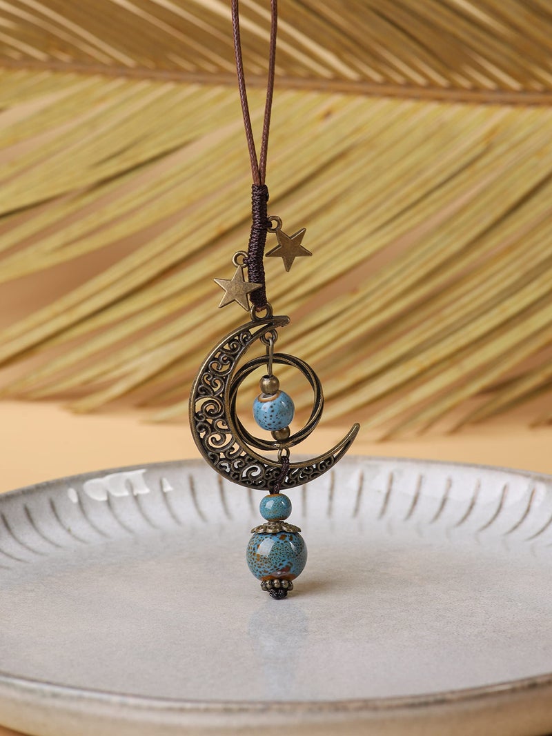 MINACHI Vintage Bohemian Hippie Blue Ceramic Beads Moon Star Lariat Necklace, Boho Hippie Statement Jewelry Gift for Women - Image 4