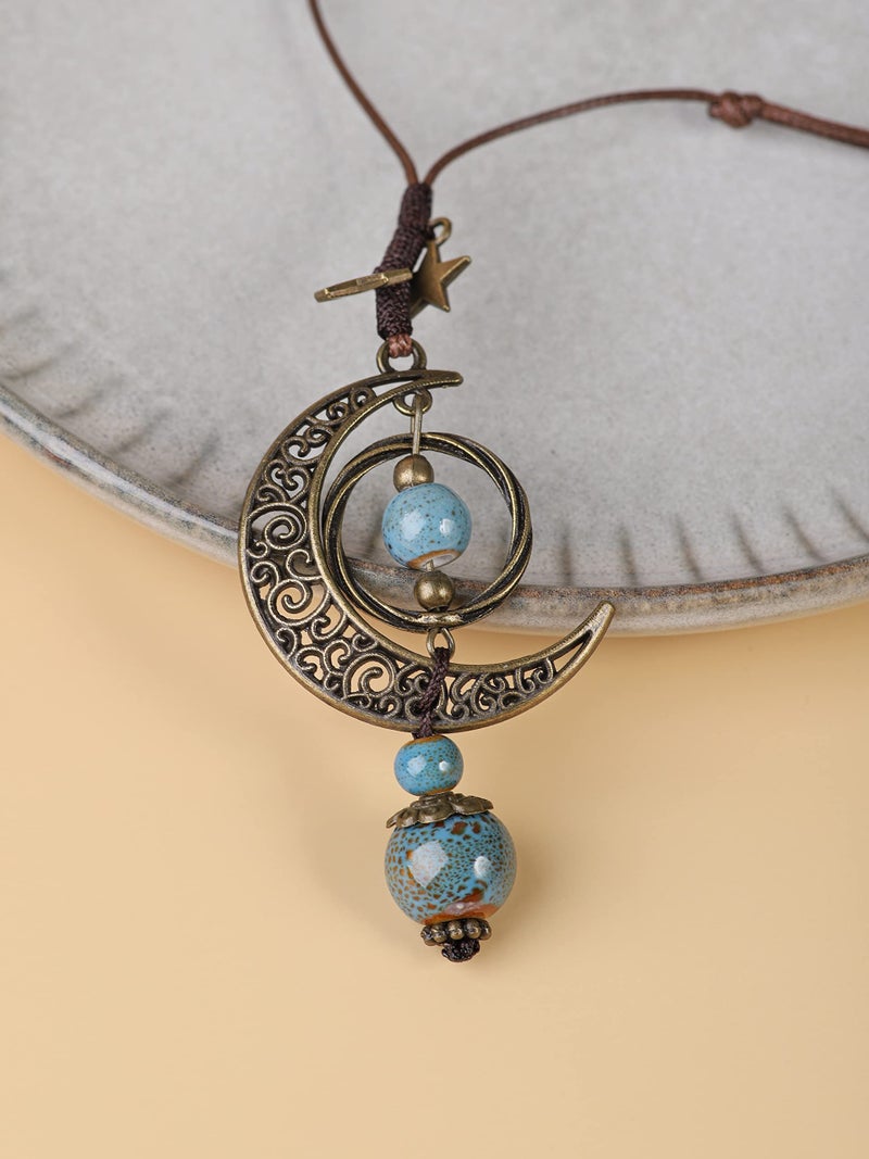 MINACHI Vintage Bohemian Hippie Blue Ceramic Beads Moon Star Lariat Necklace, Boho Hippie Statement Jewelry Gift for Women - Image 2