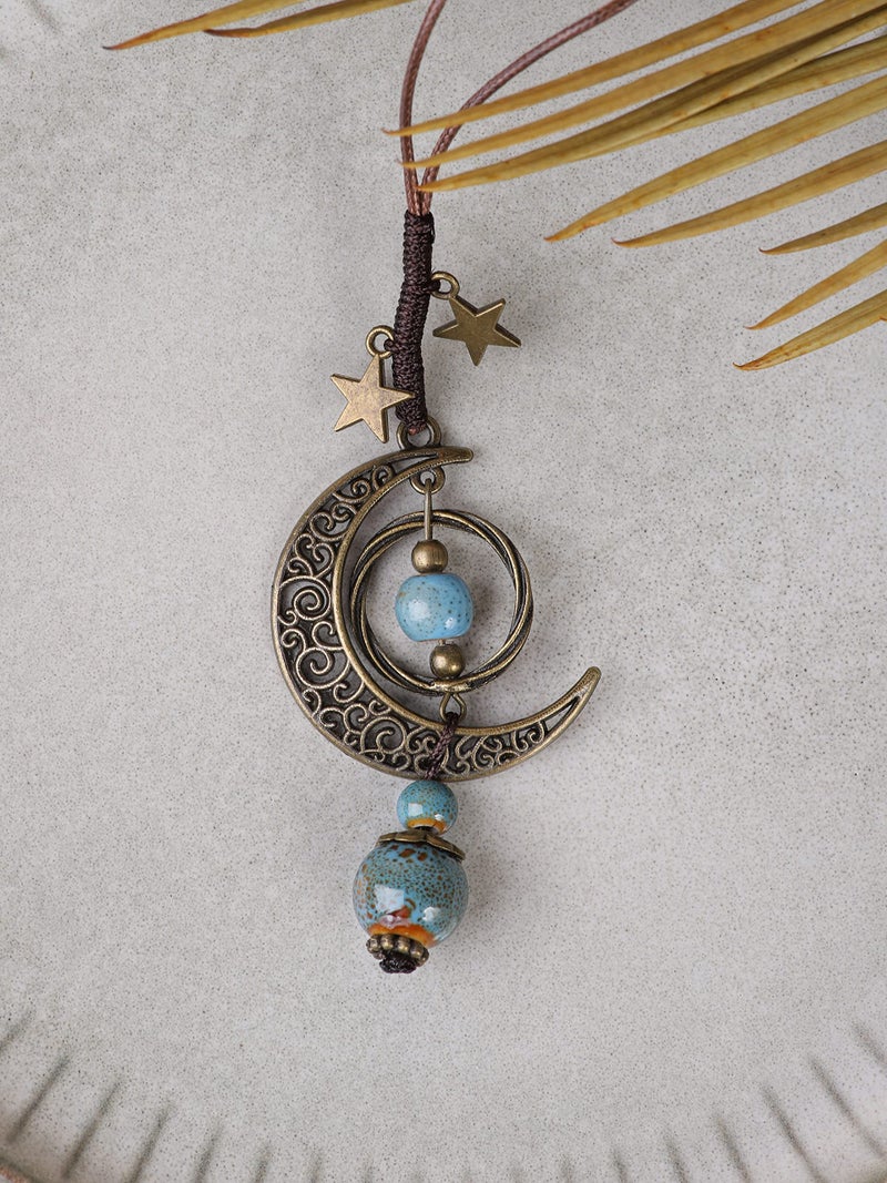 MINACHI Vintage Bohemian Hippie Blue Ceramic Beads Moon Star Lariat Necklace, Boho Hippie Statement Jewelry Gift for Women - Image 3