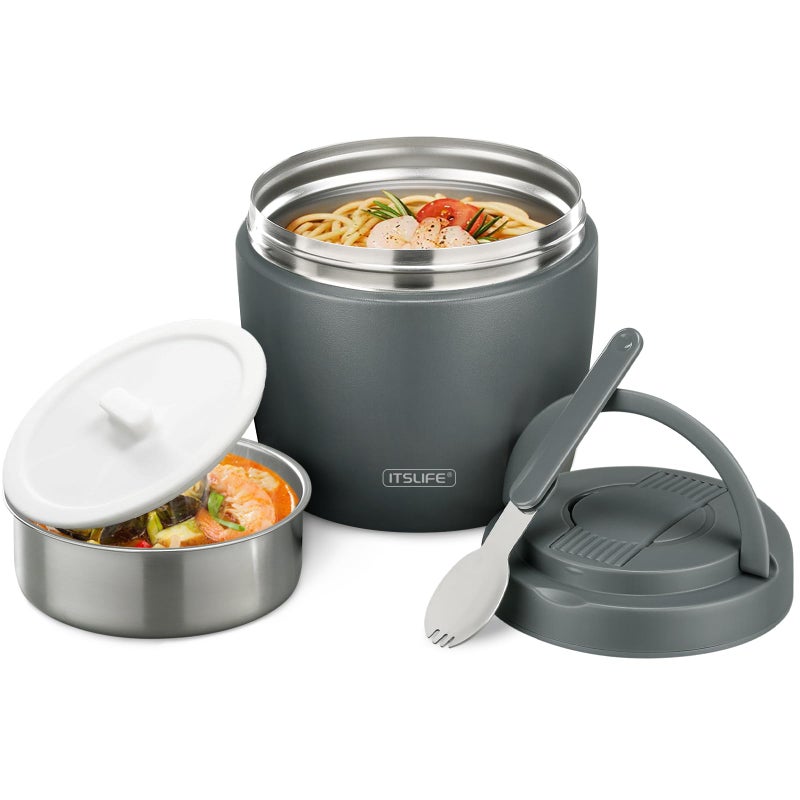 Itslife 32oz Insulated Soup Thermos, Vacuum Stainless Steel Food Jar for Hot & Cold Food, Leakproof Wide Mouth Lunch Container with Spoon, Grey - Image 1