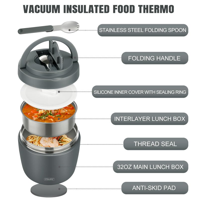 Itslife 32oz Insulated Soup Thermos, Vacuum Stainless Steel Food Jar for Hot & Cold Food, Leakproof Wide Mouth Lunch Container with Spoon, Grey - Image 2