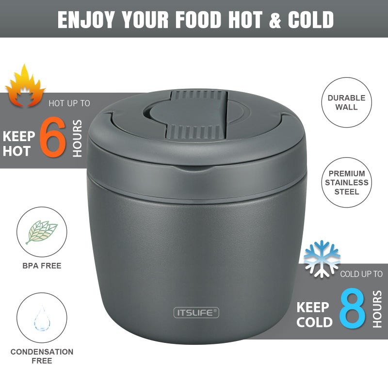 Itslife 32oz Insulated Soup Thermos, Vacuum Stainless Steel Food Jar for Hot & Cold Food, Leakproof Wide Mouth Lunch Container with Spoon, Grey - Image 4
