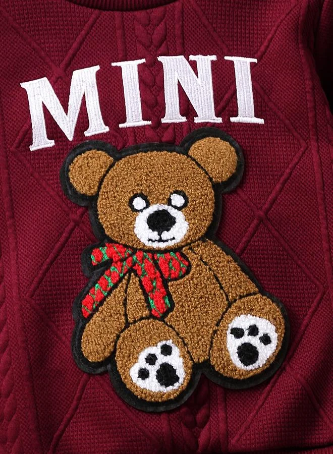 Take Two Take Two Burgundy Textured Bear Patchwork Sweatshirt and Joggers Set
