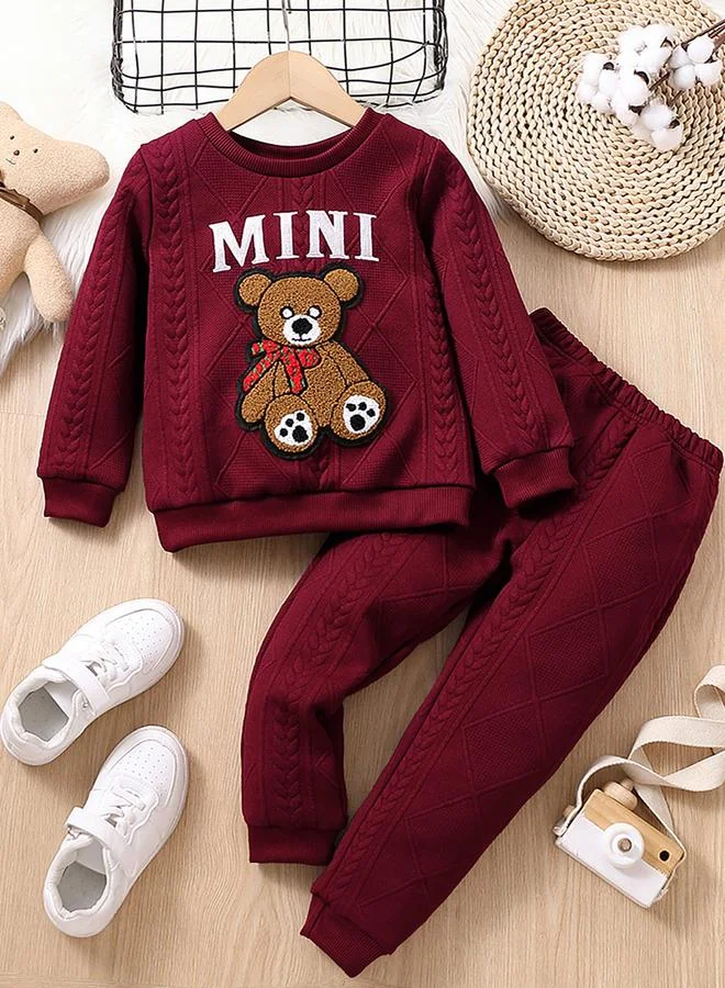 Take Two Take Two Burgundy Textured Bear Patchwork Sweatshirt and Joggers Set
