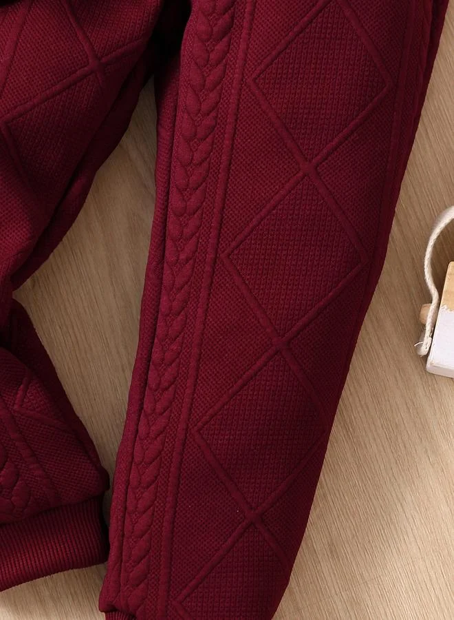 Take Two Take Two Burgundy Textured Bear Patchwork Sweatshirt and Joggers Set