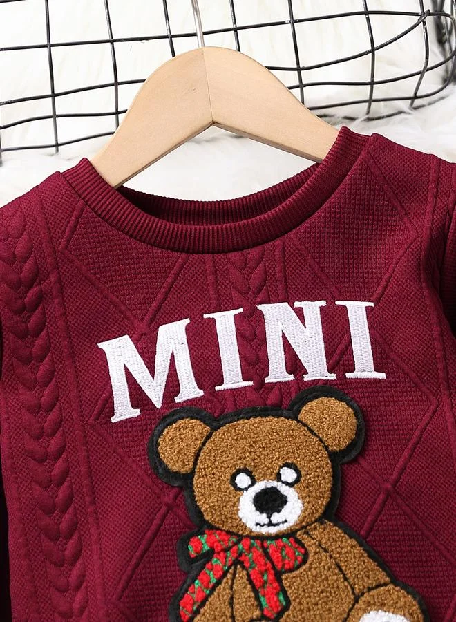 Take Two Take Two Burgundy Textured Bear Patchwork Sweatshirt and Joggers Set