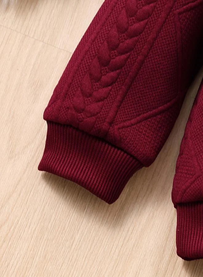 Take Two Take Two Burgundy Textured Bear Patchwork Sweatshirt and Joggers Set