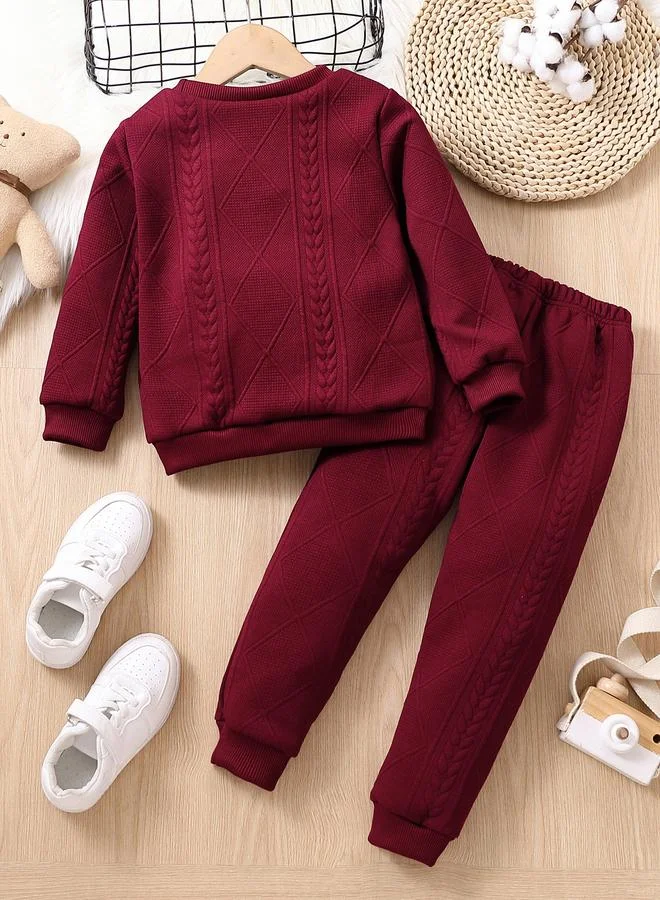 Take Two Take Two Burgundy Textured Bear Patchwork Sweatshirt and Joggers Set