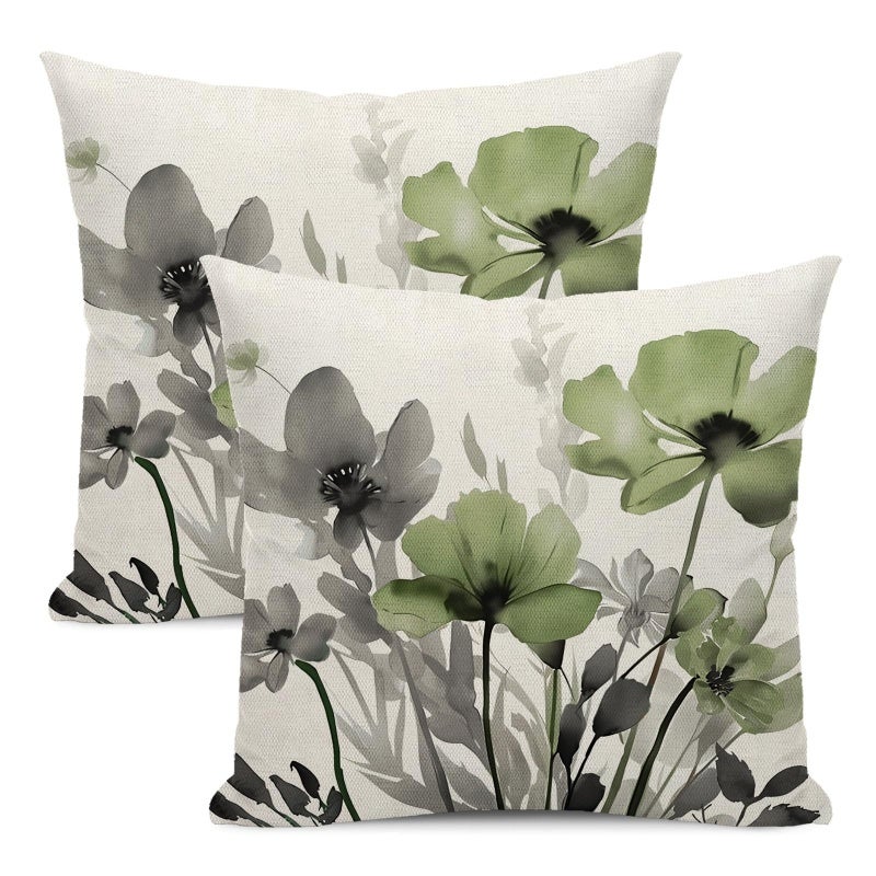 Floral Pillow Cover 18x18 Inch Set Of 2 Sage Green Pink Floral Linen Blend Cushion Cover - Hidden Zipper Fade-Resistant For Living Room Sofa Spring Decor Refresh - Image 1