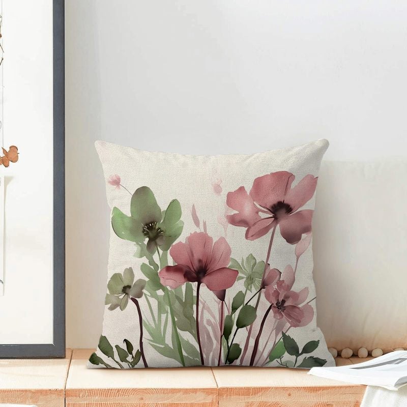 Floral Pillow Cover 18x18 Inch Set Of 2 Sage Green Pink Floral Linen Blend Cushion Cover - Hidden Zipper Fade-Resistant For Living Room Sofa Spring Decor Refresh - Image 2