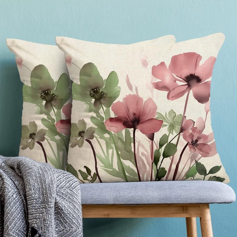Floral Pillow Cover 18x18 Inch Set Of 2 Sage Green Pink Floral Linen Blend Cushion Cover - Hidden Zipper Fade-Resistant For Living Room Sofa Spring Decor Refresh - Image 4