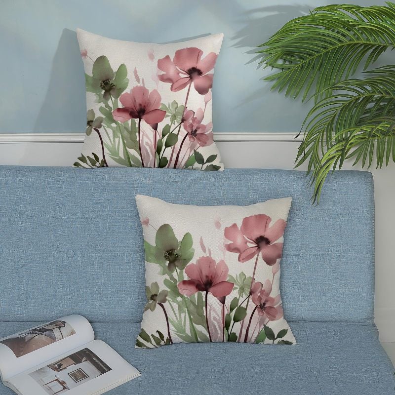 Floral Pillow Cover 18x18 Inch Set Of 2 Sage Green Pink Floral Linen Blend Cushion Cover - Hidden Zipper Fade-Resistant For Living Room Sofa Spring Decor Refresh - Image 5