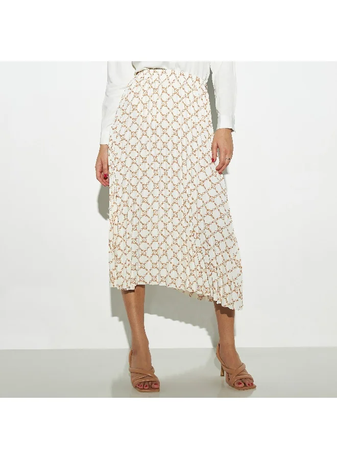 Iconic Iconic All-Over Print Pleated Skirt with Elasticised Waist and Asymmetric Hem
