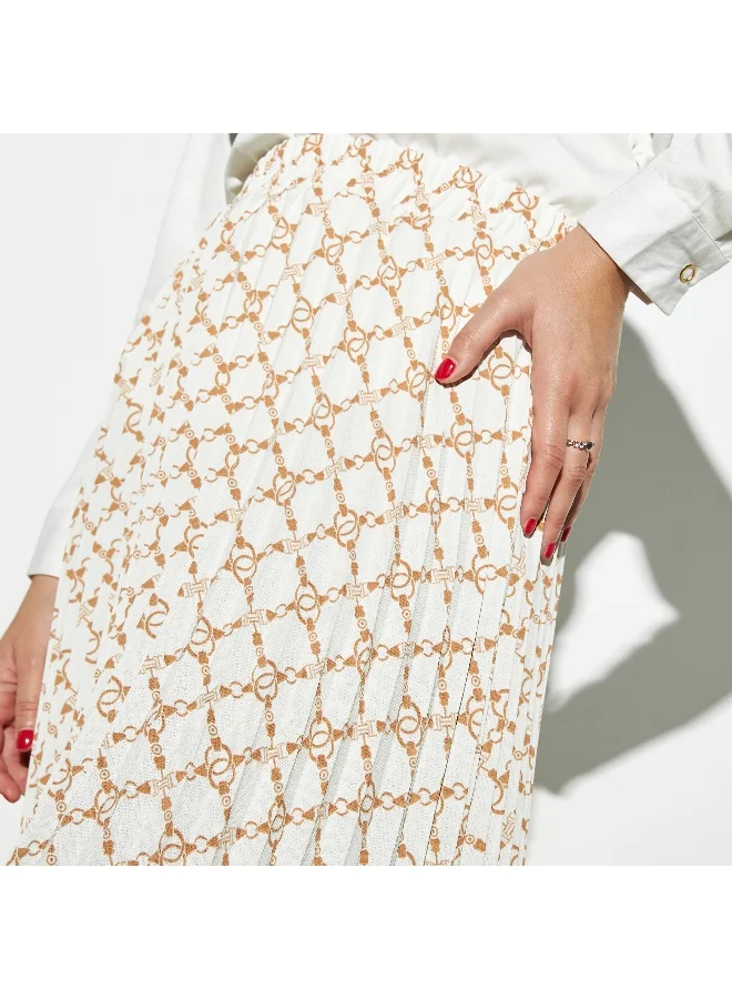 Iconic Iconic All-Over Print Pleated Skirt with Elasticised Waist and Asymmetric Hem