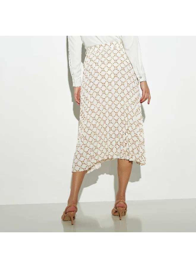 Iconic Iconic All-Over Print Pleated Skirt with Elasticised Waist and Asymmetric Hem