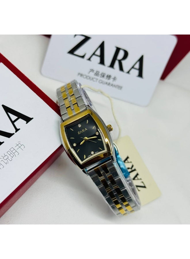 ZARA Luxury Women's Two-Tone Barrel Watch | Black Dial with Gold Case & Crystal Markers | Stainless Steel Bracelet