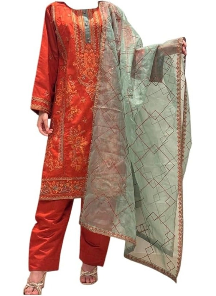 وينشيلز طقم سلوار قميص باكستاني تقليدي، بدلة من 3 قطع من القطن والحرير، قرمزي اللون مع دوباتا شبكية مطرزة، مقاس متوسط - Image 1
