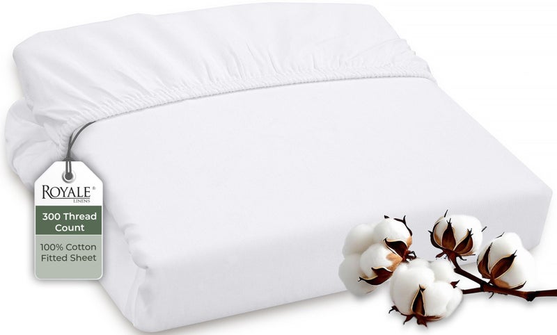 ROYALE LINENS 300 Thread Count 100% Long Staple Combed Cotton Fitted Sheet Queen - Super Soft Deep Pocket Bottom Sheet - Fitted Sheets Only - Elastic Sheets (Queen, White) - Image 1