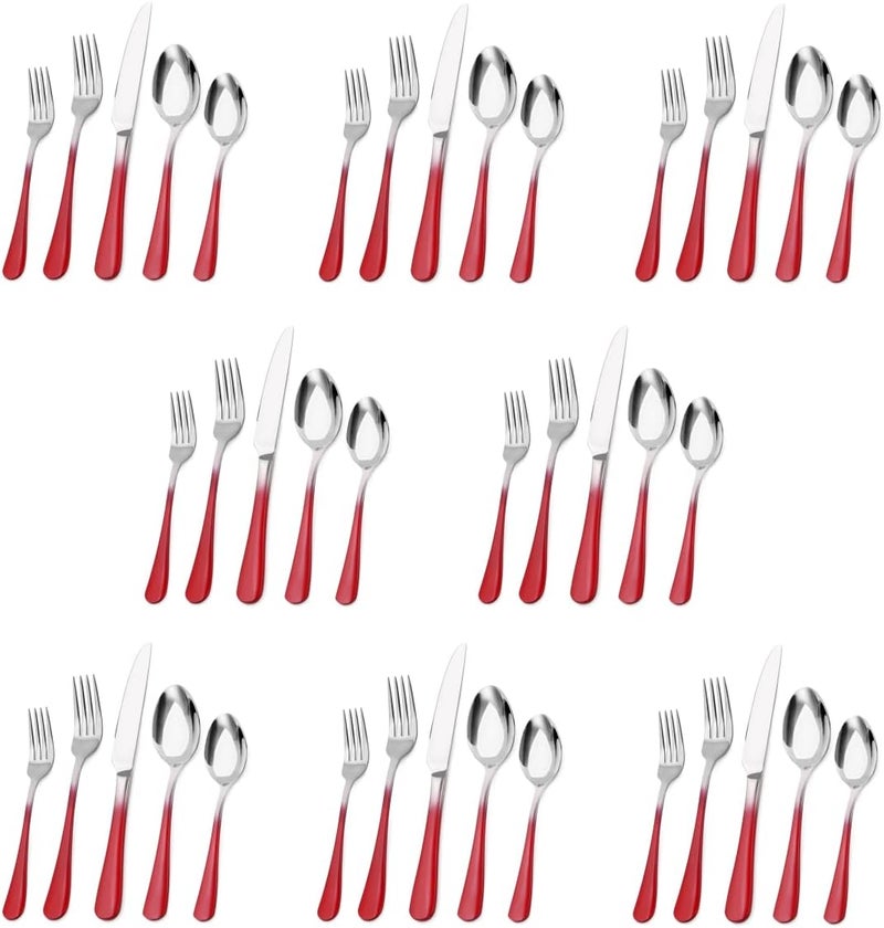Bysta Silverware Set Bysta 40Piece Stainless Steel Flatware Set Kitchen Utensil Set Service for 8 Tableware Cutlery Set for Home and Restaurant Mirror Polished Dishwasher Safe Gradient Red - Image 1