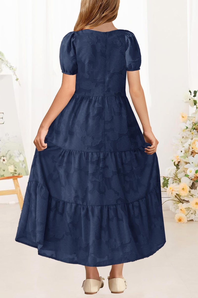 MITILLY Summer Girls Maxi Dress Elegant Short Puff Sleeve Crew Neck A-Line Ruffle Tiered Flowy Formal Party Dress for Kids with Pockets 10 Years Dark Blue - Image 3