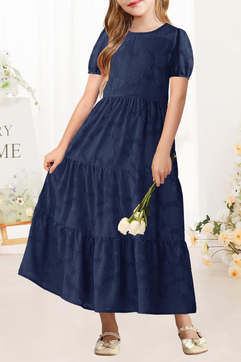 MITILLY Summer Girls Maxi Dress Elegant Short Puff Sleeve Crew Neck A-Line Ruffle Tiered Flowy Formal Party Dress for Kids with Pockets 10 Years Dark Blue - Image 4