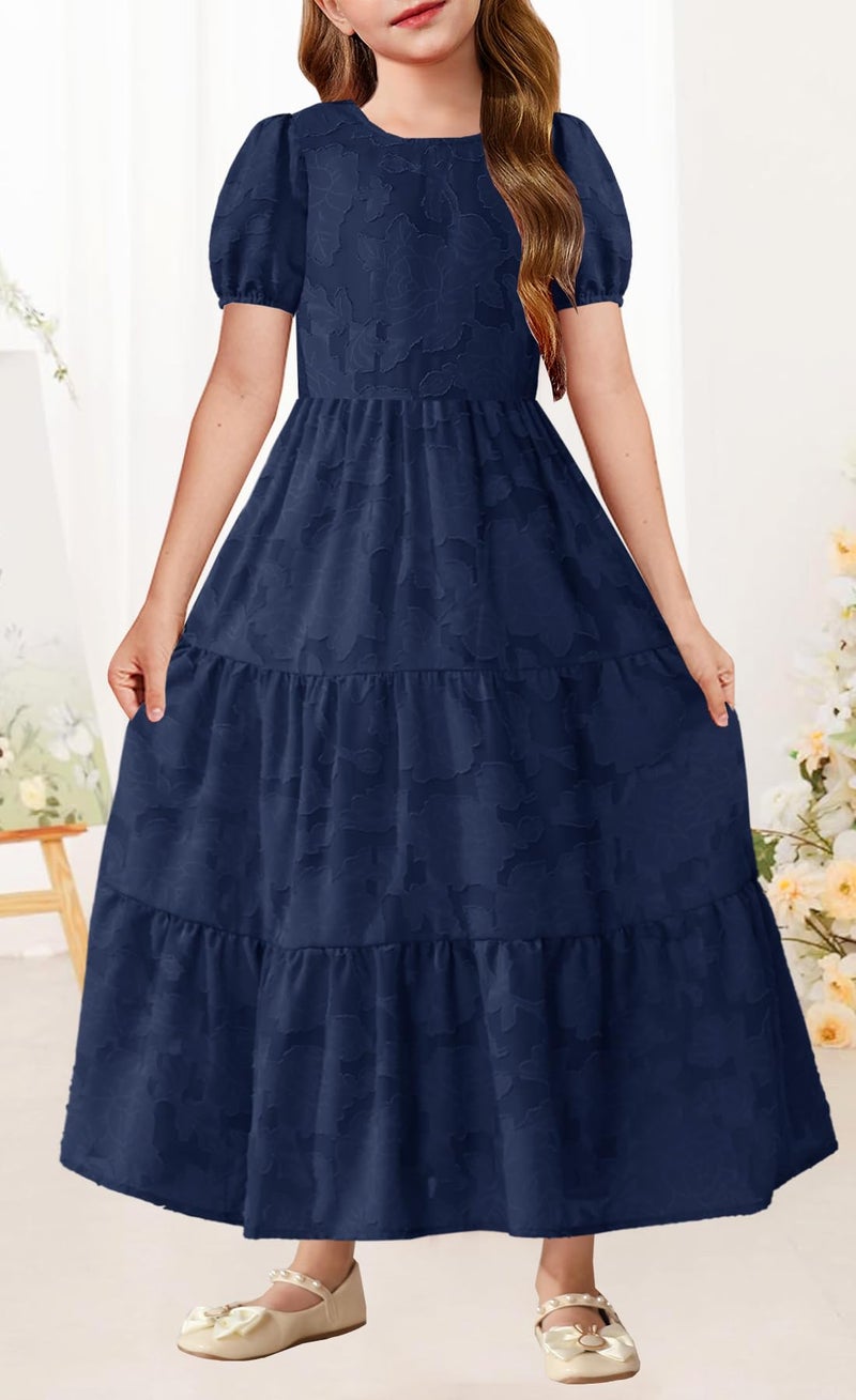 MITILLY Summer Girls Maxi Dress Elegant Short Puff Sleeve Crew Neck A-Line Ruffle Tiered Flowy Formal Party Dress for Kids with Pockets 10 Years Dark Blue - Image 2
