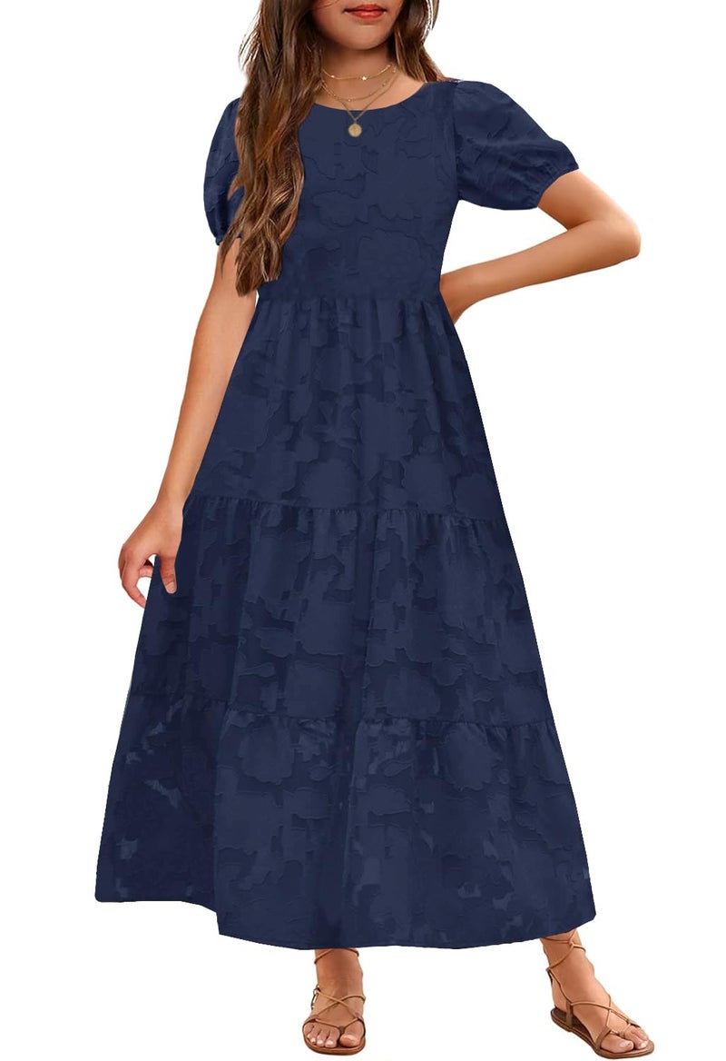 MITILLY Summer Girls Maxi Dress Elegant Short Puff Sleeve Crew Neck A-Line Ruffle Tiered Flowy Formal Party Dress for Kids with Pockets 10 Years Dark Blue - Image 1