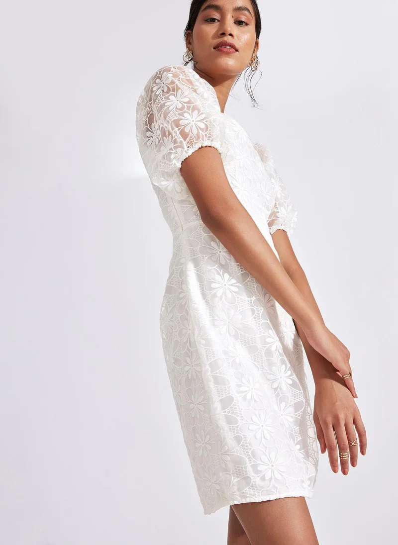 The Label Life Floral Sheer Puff Sleeve Dress