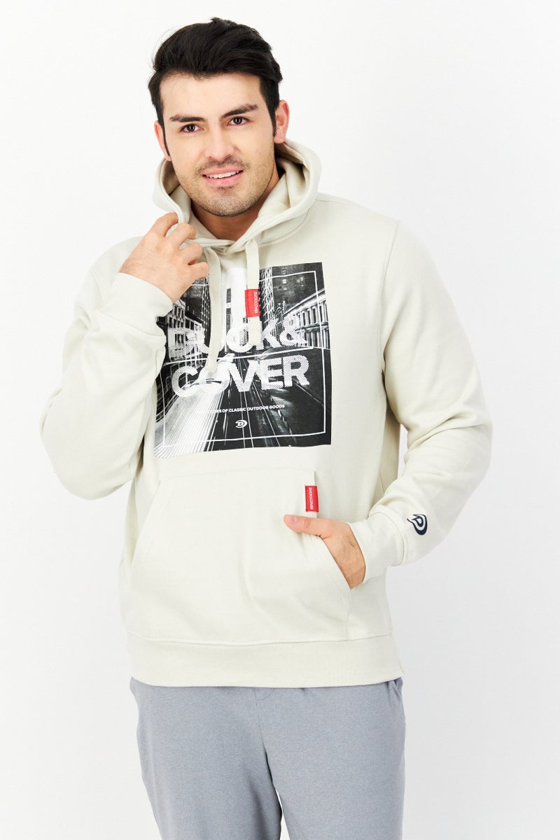 DUCK AND COVER Men Hooded Long Sleeve Graphic Print Sweatshirt, Beige - Image 1