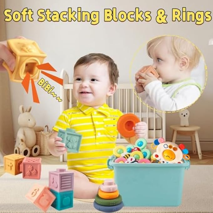 BABY TOYS FOR 6 TO 12 MONTHS, MONTESSORI SENSORY BINS & TEETHING TOYS, 6 IN 1 STACKING BLOCKS, RINGS, EGGS, SPINNER, CRAB SHAPE, 27 PIECES, AGES 6-36 MONTHS - Image 3