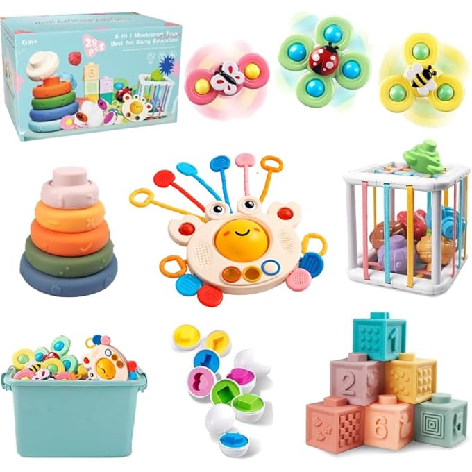 BABY TOYS FOR 6 TO 12 MONTHS, MONTESSORI SENSORY BINS & TEETHING TOYS, 6 IN 1 STACKING BLOCKS, RINGS, EGGS, SPINNER, CRAB SHAPE, 27 PIECES, AGES 6-36 MONTHS - Image 1