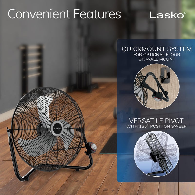 Lasko 20" Black High Velocity Wall Mount Fan with Pivoting Head - 3 Speeds, Ideal Wall Mount Fan or Floor Fans for Home, Garage, Attic, 2264QM - Image 5