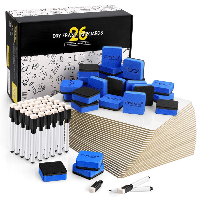 مجموعة Magicfly من الألواح البيضاء الصغيرة القابلة للمسح الجاف - 26 لوح صغير 9x12 بوصة - ألواح بيضاء مزدوجة الجوانب للطلاب والمعلمين ومستلزمات المدرسة والمكتب مع 32 قلم و26 ممحاة
