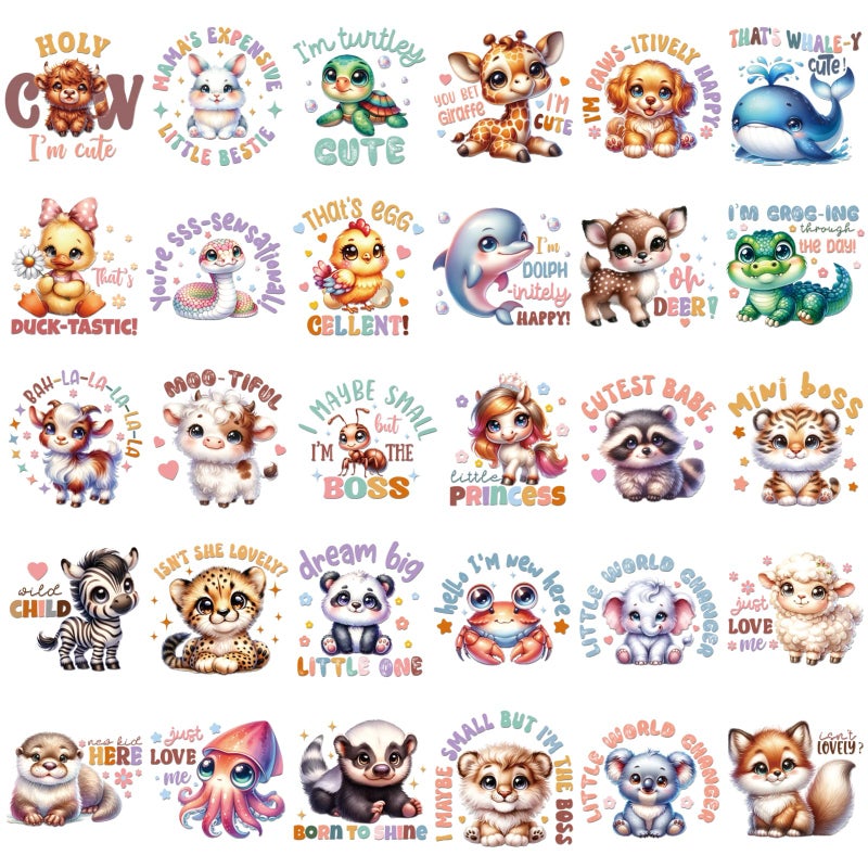 INCOK Cute Animal DTF Transfers Ready to Press - 30 Sheets Onesie Decorating Kit Baby Shower, Funny Quotes Iron on Transfers Iron on Decals Vinyl Design for Bibs Bodysuit Pillow Cover DIY Gift - Image 2