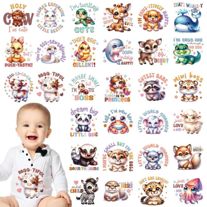 INCOK Cute Animal DTF Transfers Ready to Press - 30 Sheets Onesie Decorating Kit Baby Shower, Funny Quotes Iron on Transfers Iron on Decals Vinyl Design for Bibs Bodysuit Pillow Cover DIY Gift - Image 1